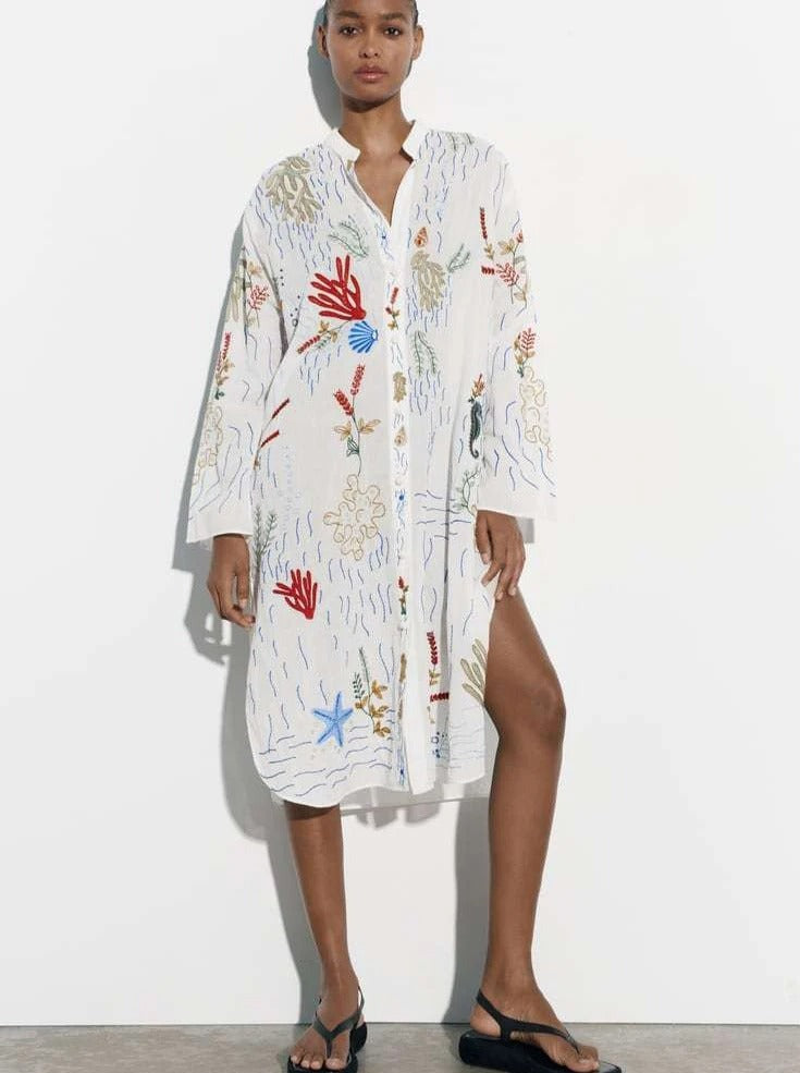 Bohemian Embroidery Midi Shirt Dress