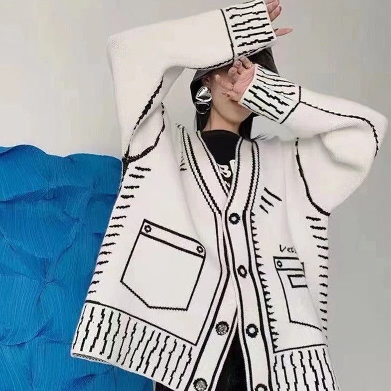 Løs Streetwear Y2K grafisk printet langærmet cardigan med V-hals 