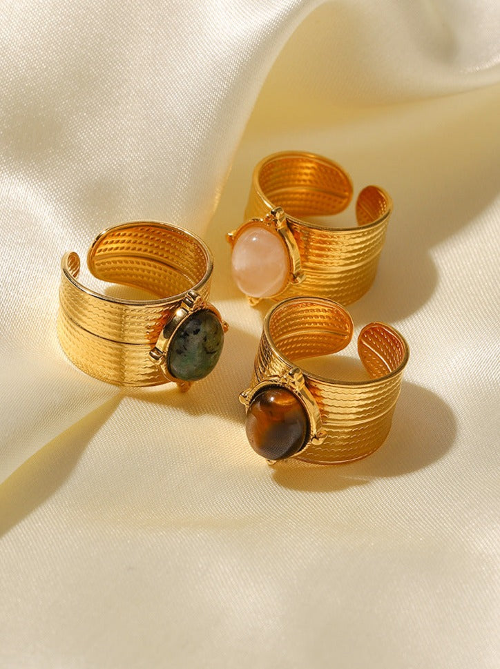 Smooth Gold Plated Oval Stone Adjustable Open Ring