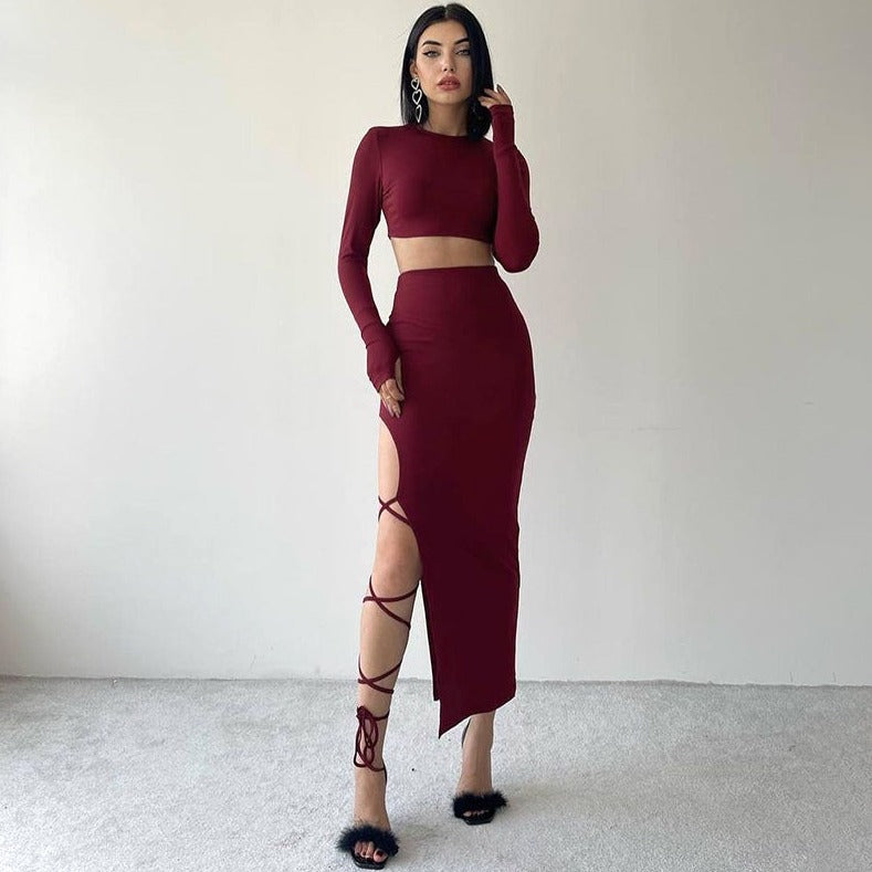 Chic Women's Y2k Two-Piece Long Sleeve Crop Top and High Slit Sexy Tie Skirt Set