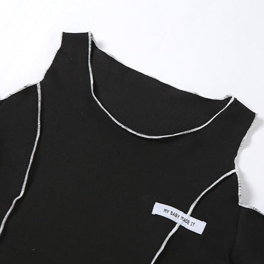Y2K sort kold skulder langærmet flæsekant Crop Top bluse 