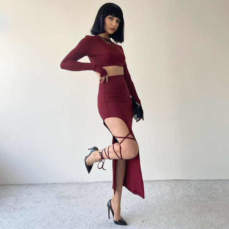 Chic Women's Y2k Two-Piece Long Sleeve Crop Top and High Slit Sexy Tie Skirt Set
