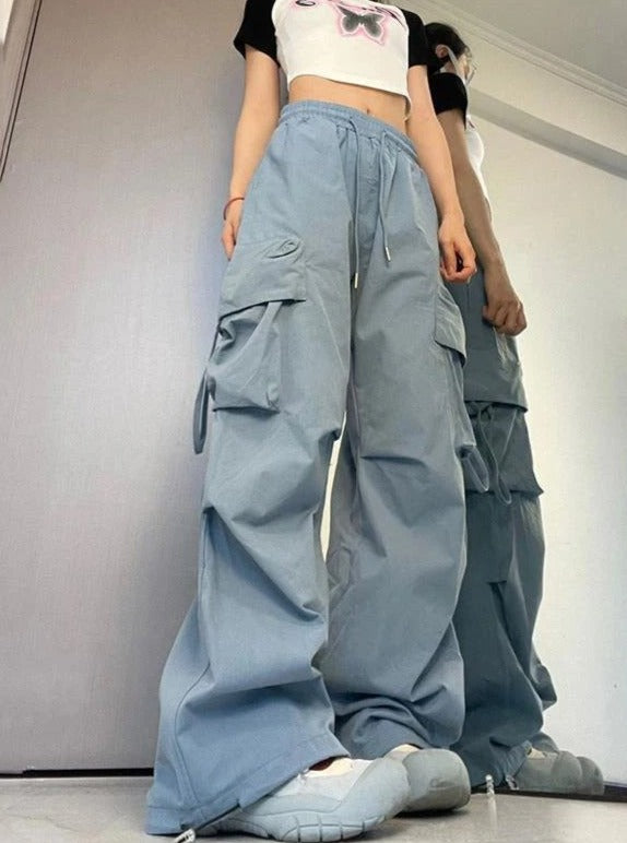 Højtaljede Y2K Streetwear Cargo-bukser med snoretræk 