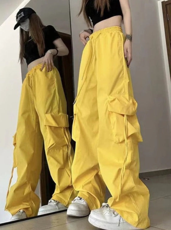 Højtaljede Y2K Streetwear Cargo-bukser med snoretræk 