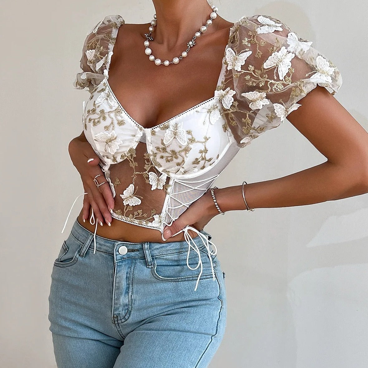 Sexy Butterfly Embroidered V Neck Puff Sleeve Crop Top Blouse