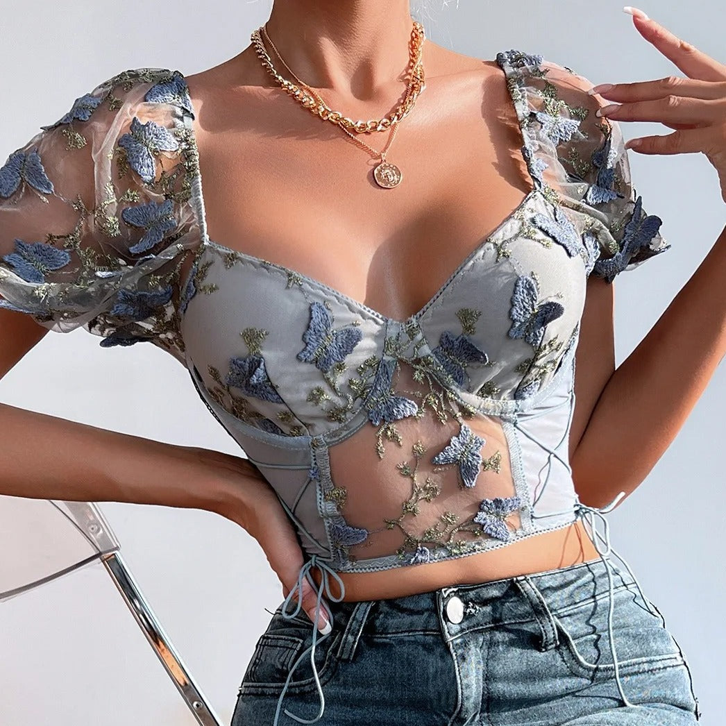 Sexy Butterfly Embroidered V Neck Puff Sleeve Crop Top Blouse