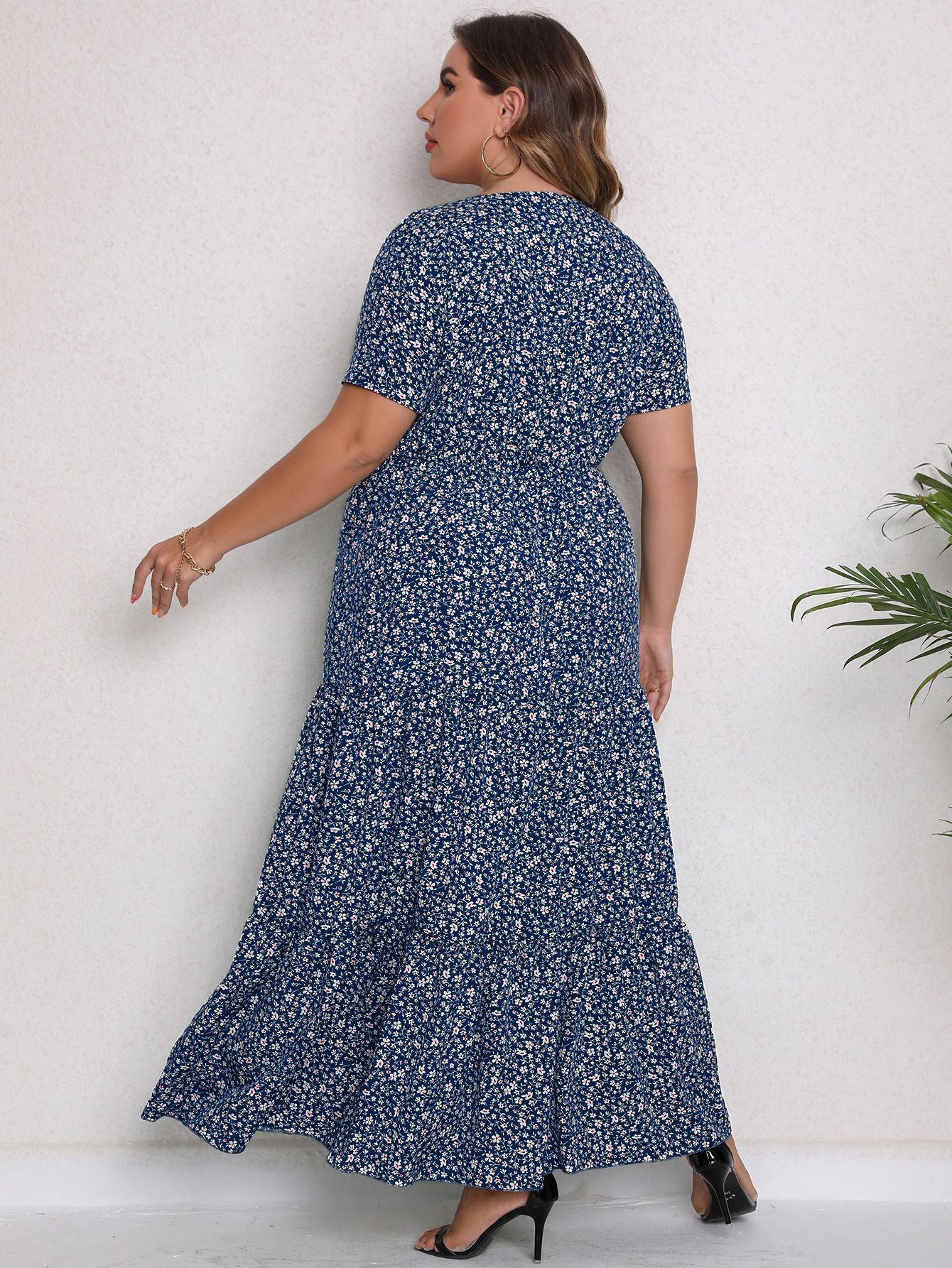 Plus Size Blue Floral Print Summer Maxi Dress