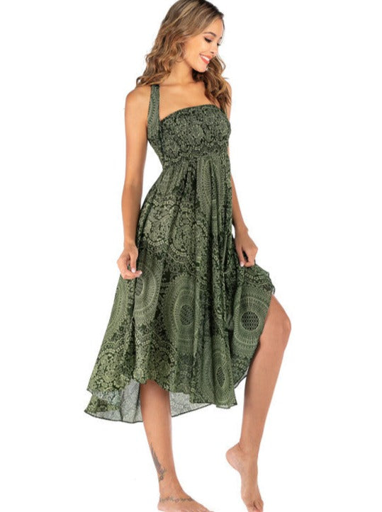 Grøn afslappet nederdelskjole med bohemetryk