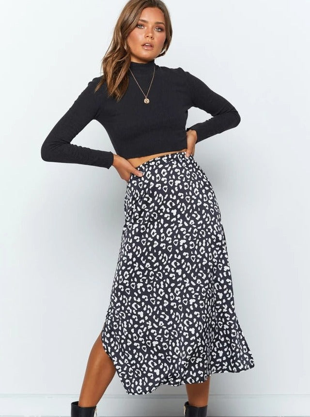Leopard Print Chiffon High Waist Slit Skirt