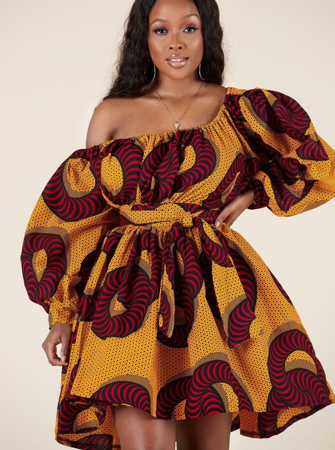 Off Shoulder Long Sleeve Abstract Printed Flared Dress
