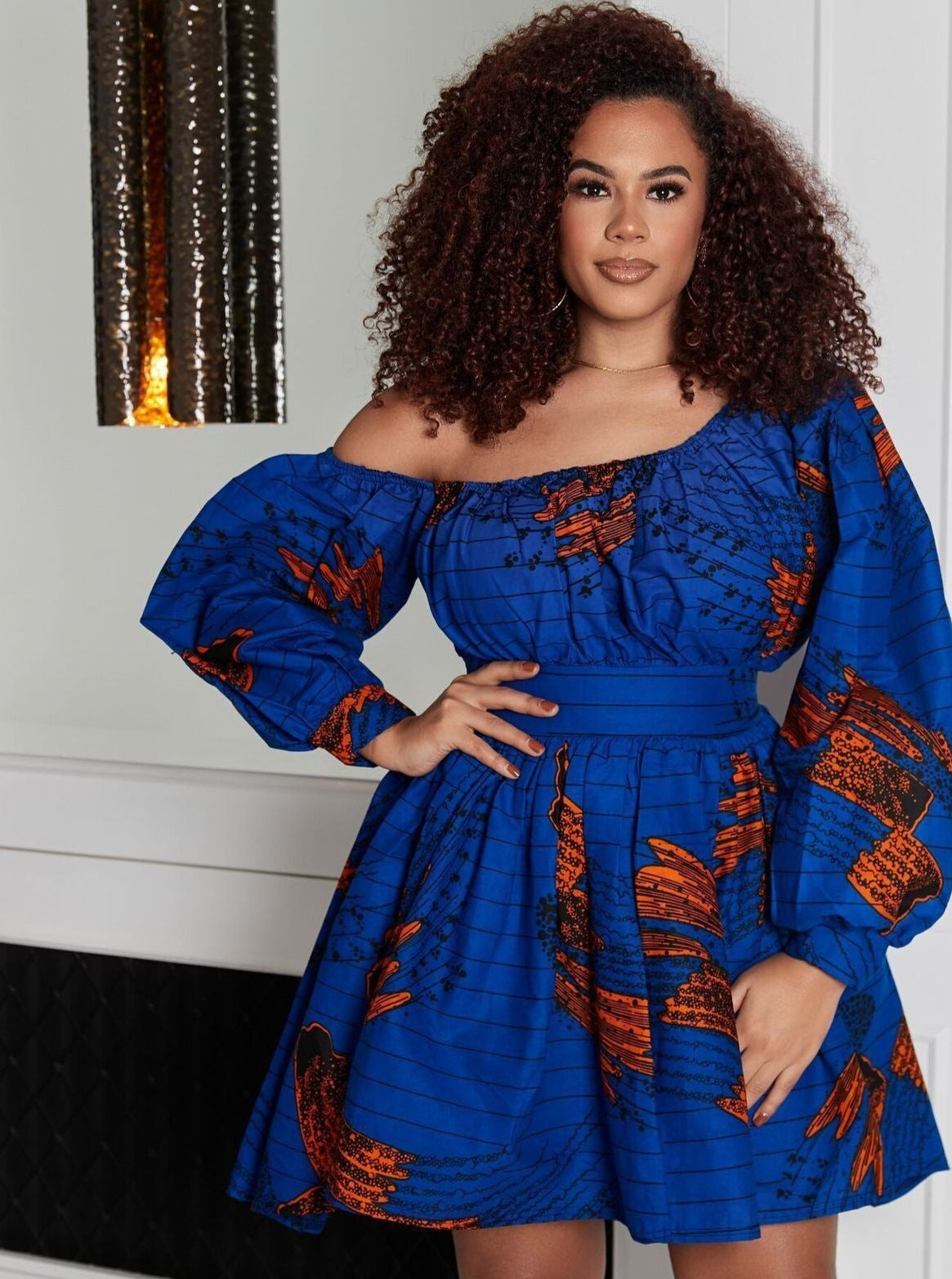 Off Shoulder Long Sleeve Abstract Printed Flared Dress