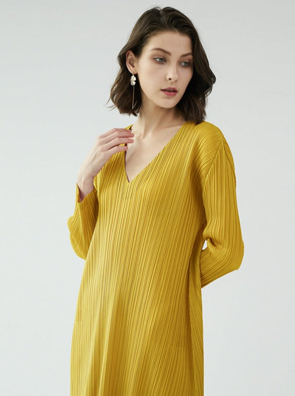 Simple V-Neck Long Sleeved Purple And Yellow Straight Dress