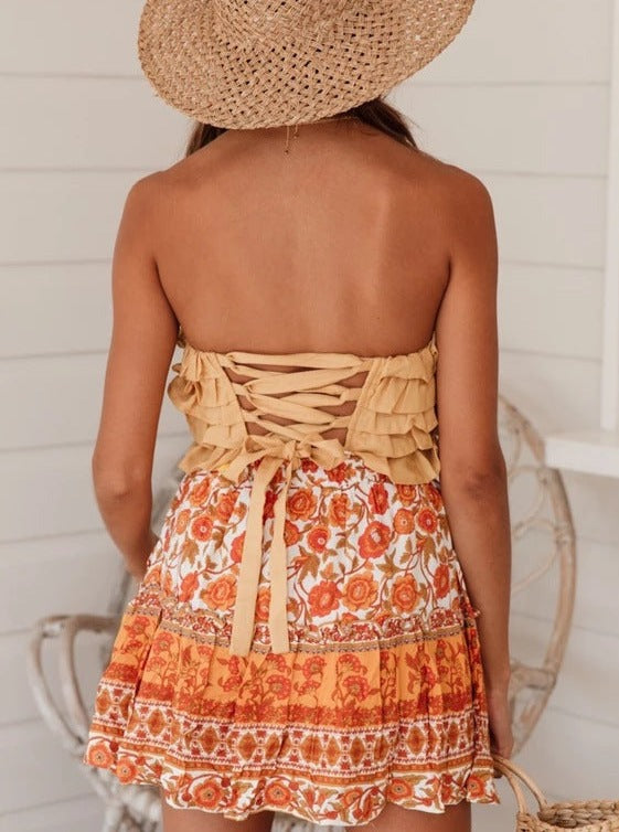Orange bøhmisk etnisk nederdel med flæse 