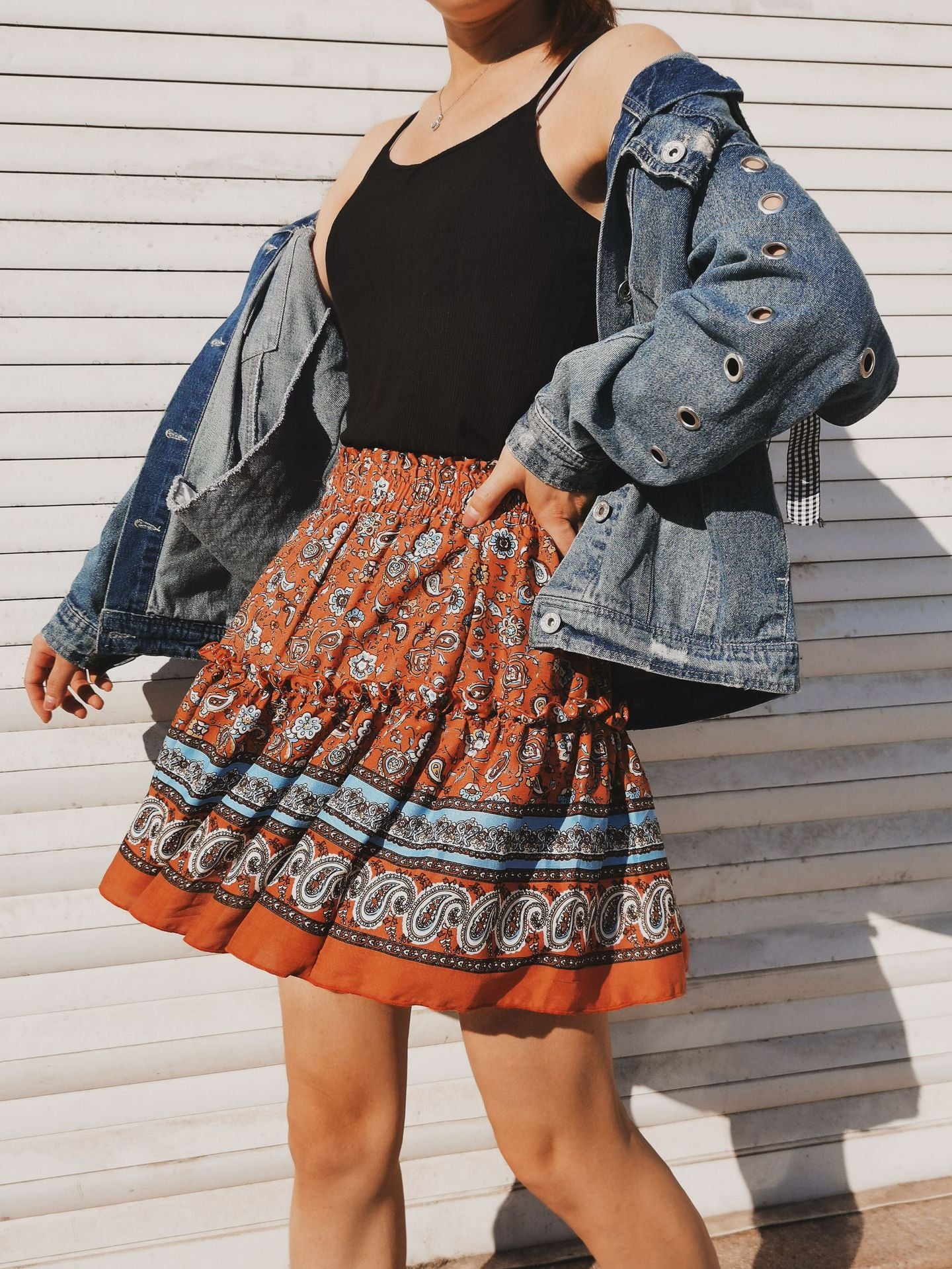 Brown Bohemian Ethnic Style Ruffle Skirt