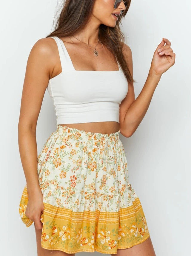 Yellow Bohemian Ethnic Style Ruffle Skirt