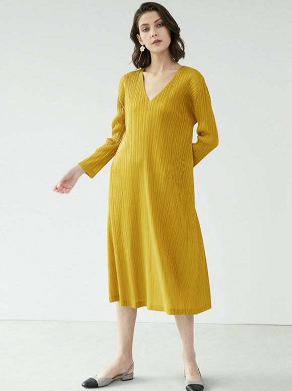 Simple V-Neck Long Sleeved Purple And Yellow Straight Dress