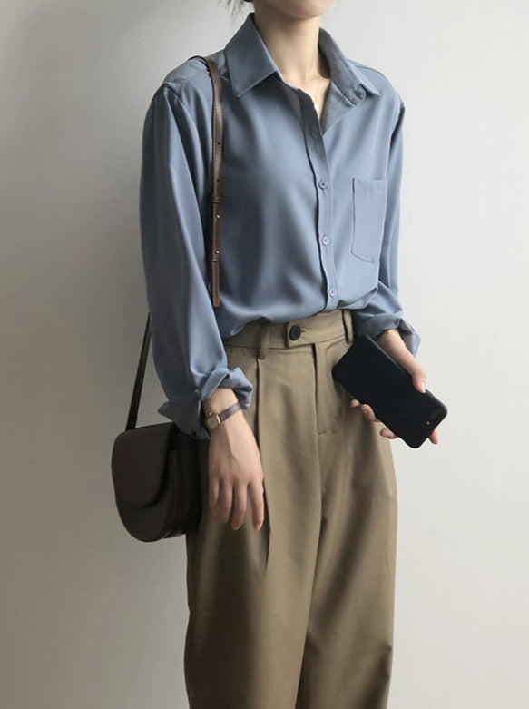 Blue Korean Long Sleeve Lapel Shirt