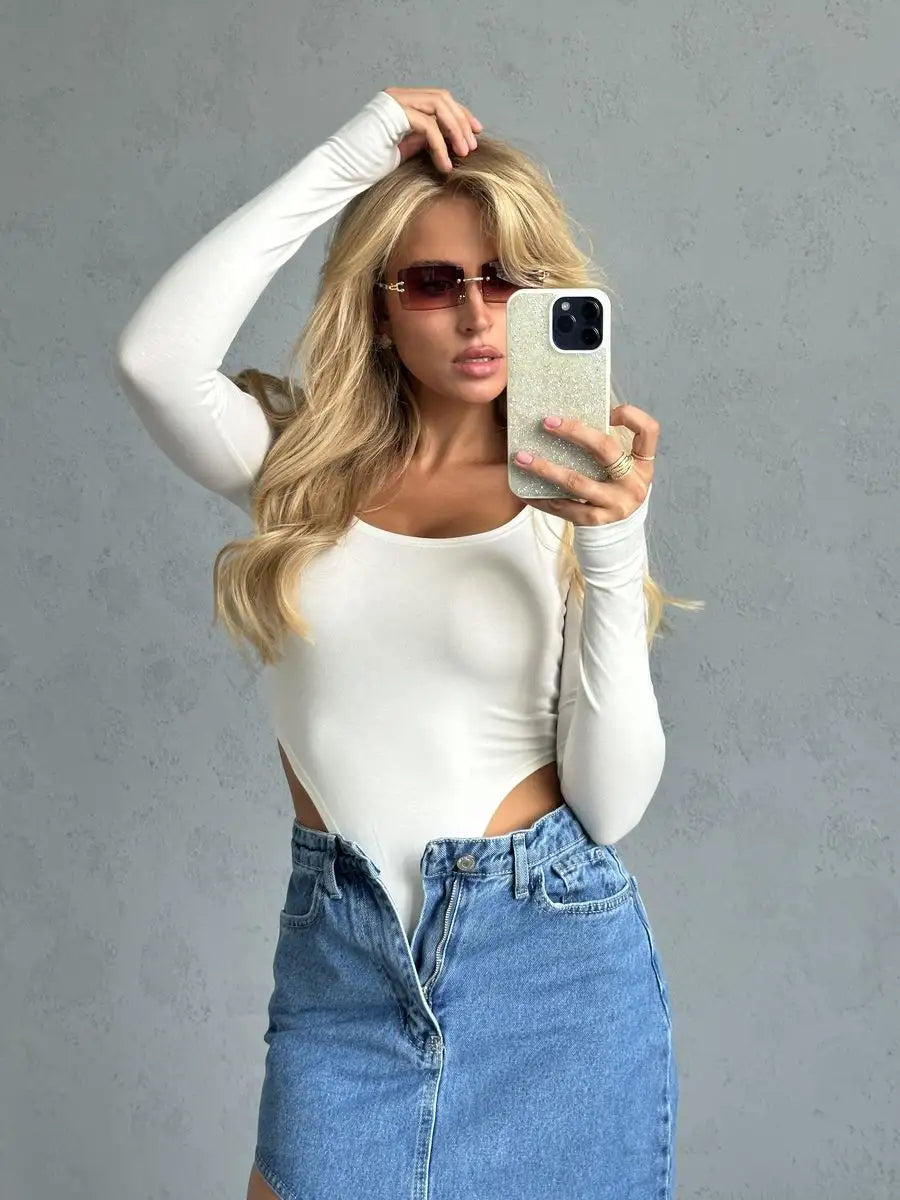 Cream Long Sleeve Cut Out Bodysuit