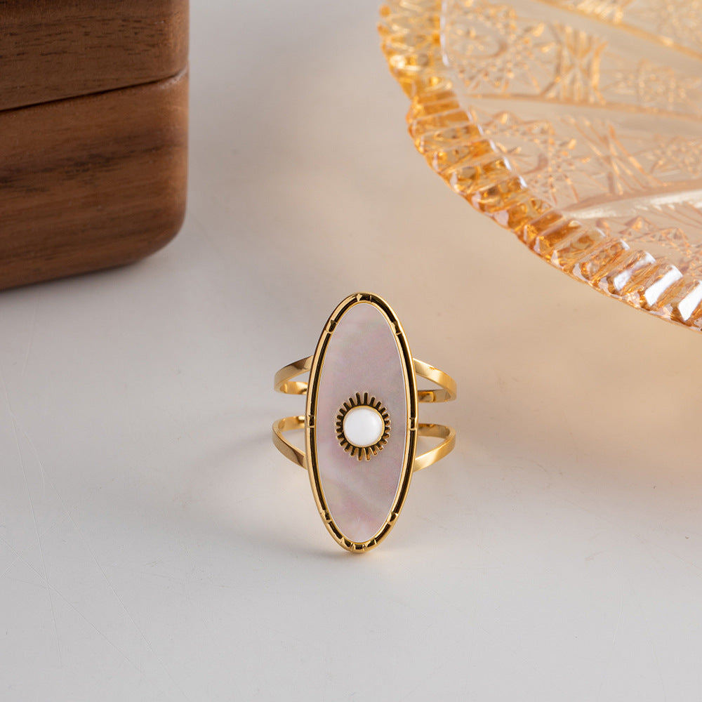 Luxurious 18K Gold-Plated Oval Mother Of Pearl Inlay Open Ring