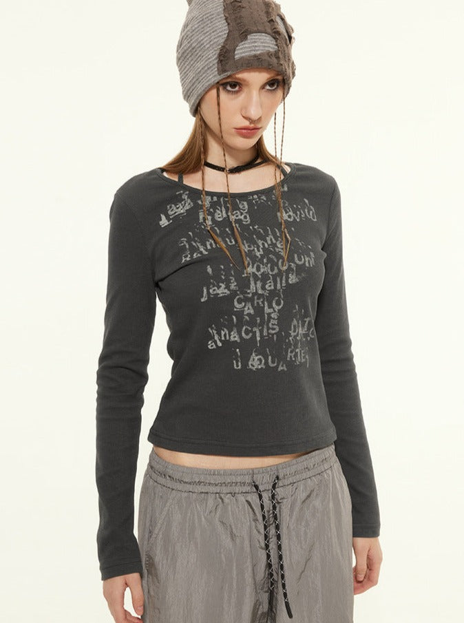 Casual Round Neck Strap Letter Printed Long-Sleeved Top