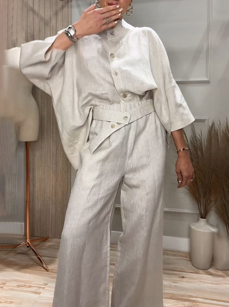 Casual Linen Collared Top and Pants Set