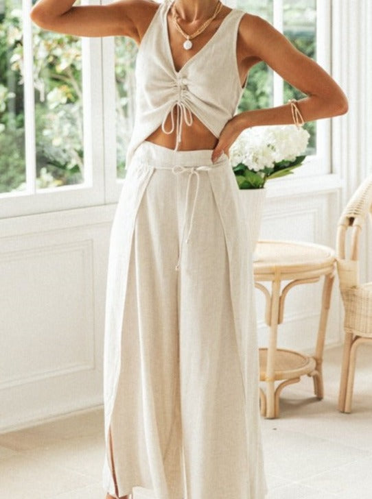 Two Piece White Drawstring Short Sleeved Top Wide Leg Slit Trousers Suit