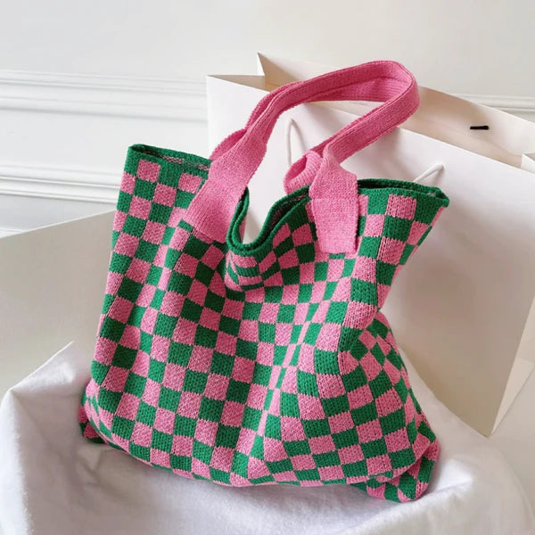 Knitted Checkered Tote Bag