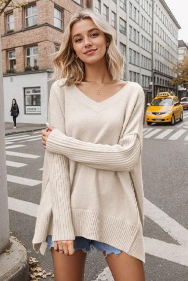 Loose V-Neck Long Sleeve Pullover Sweater