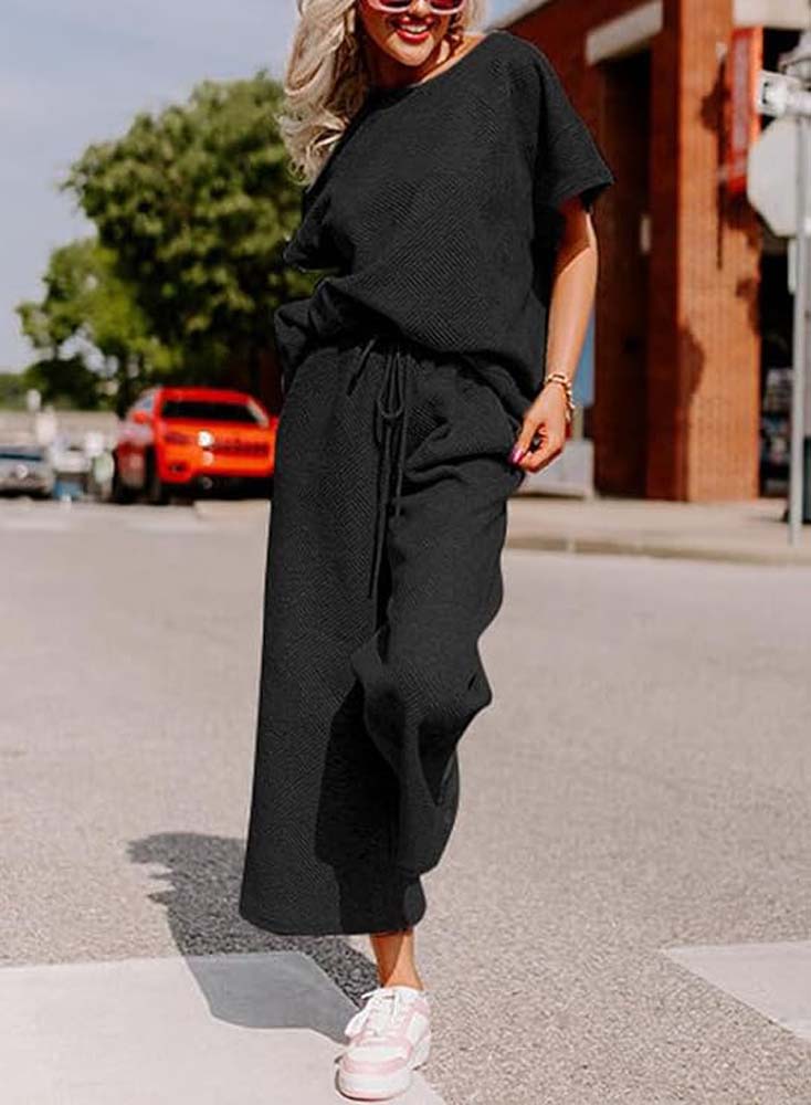 Casual Loose Pull Over Top and Drawstring Pants Set