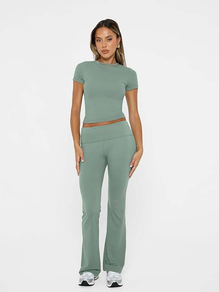 Sexy Short Sleeve Body Fit Crop Top and Flared Pants Set