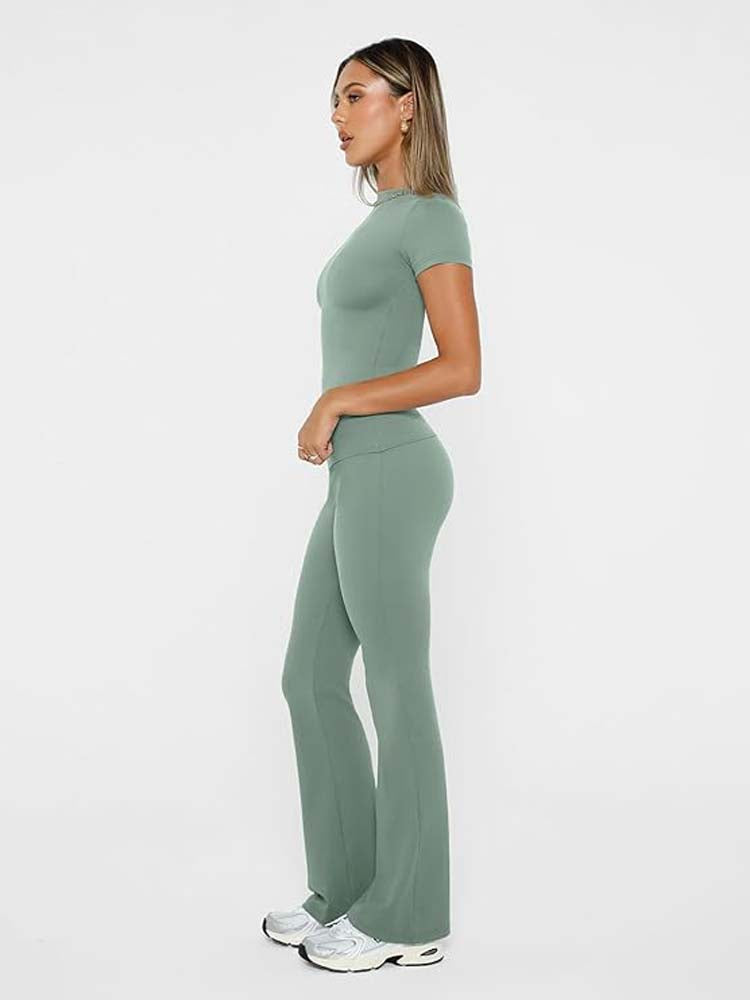 Sexy Short Sleeve Body Fit Crop Top and Flared Pants Set