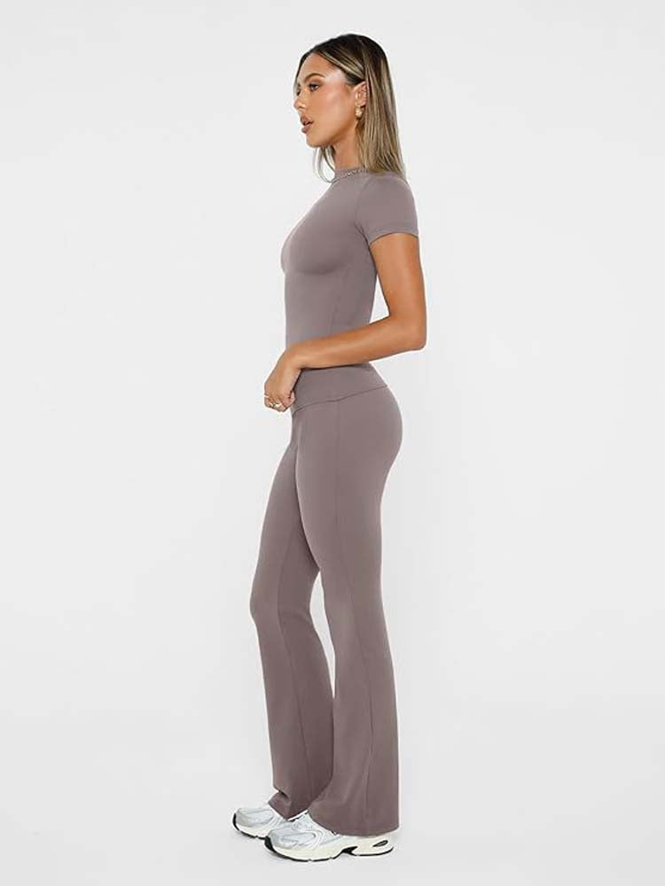 Sexy Short Sleeve Body Fit Crop Top and Flared Pants Set