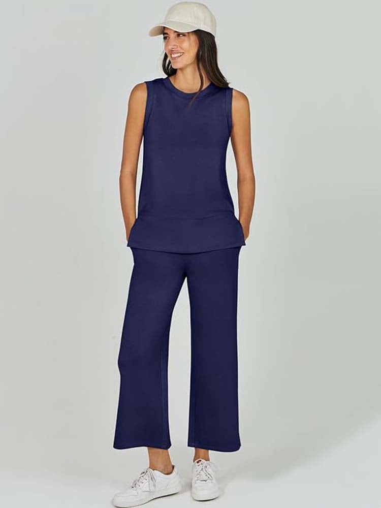 2 Piece Solid Color Sleeveless Top and Wide Leg Trouser Set
