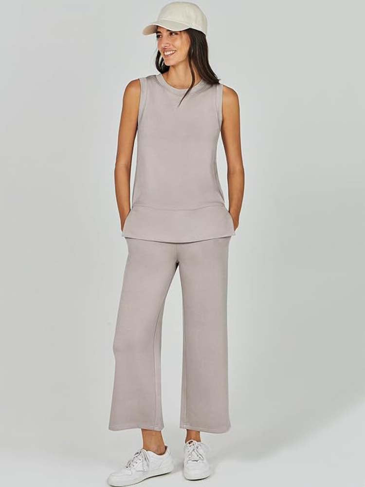 2 Piece Solid Color Sleeveless Top and Wide Leg Trouser Set