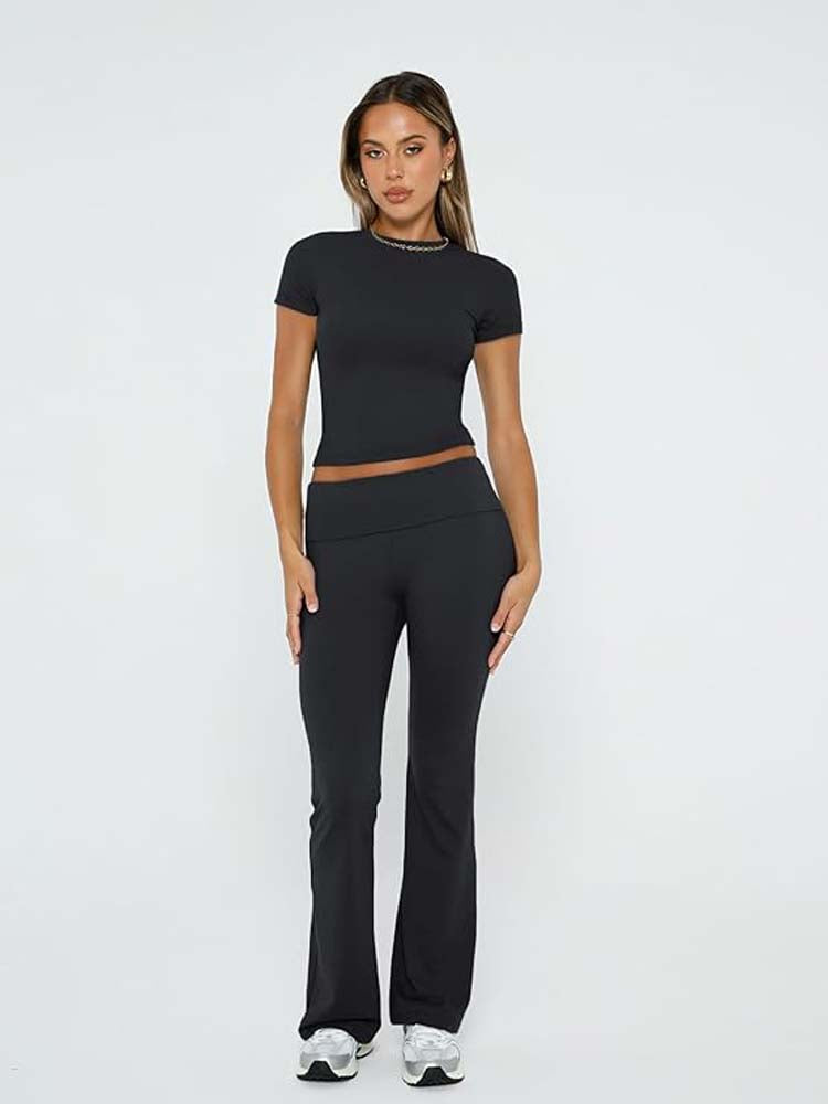 Sexy Short Sleeve Body Fit Crop Top and Flared Pants Set