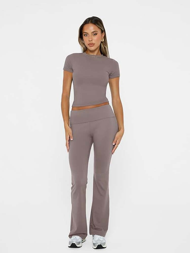 Sexy Short Sleeve Body Fit Crop Top and Flared Pants Set