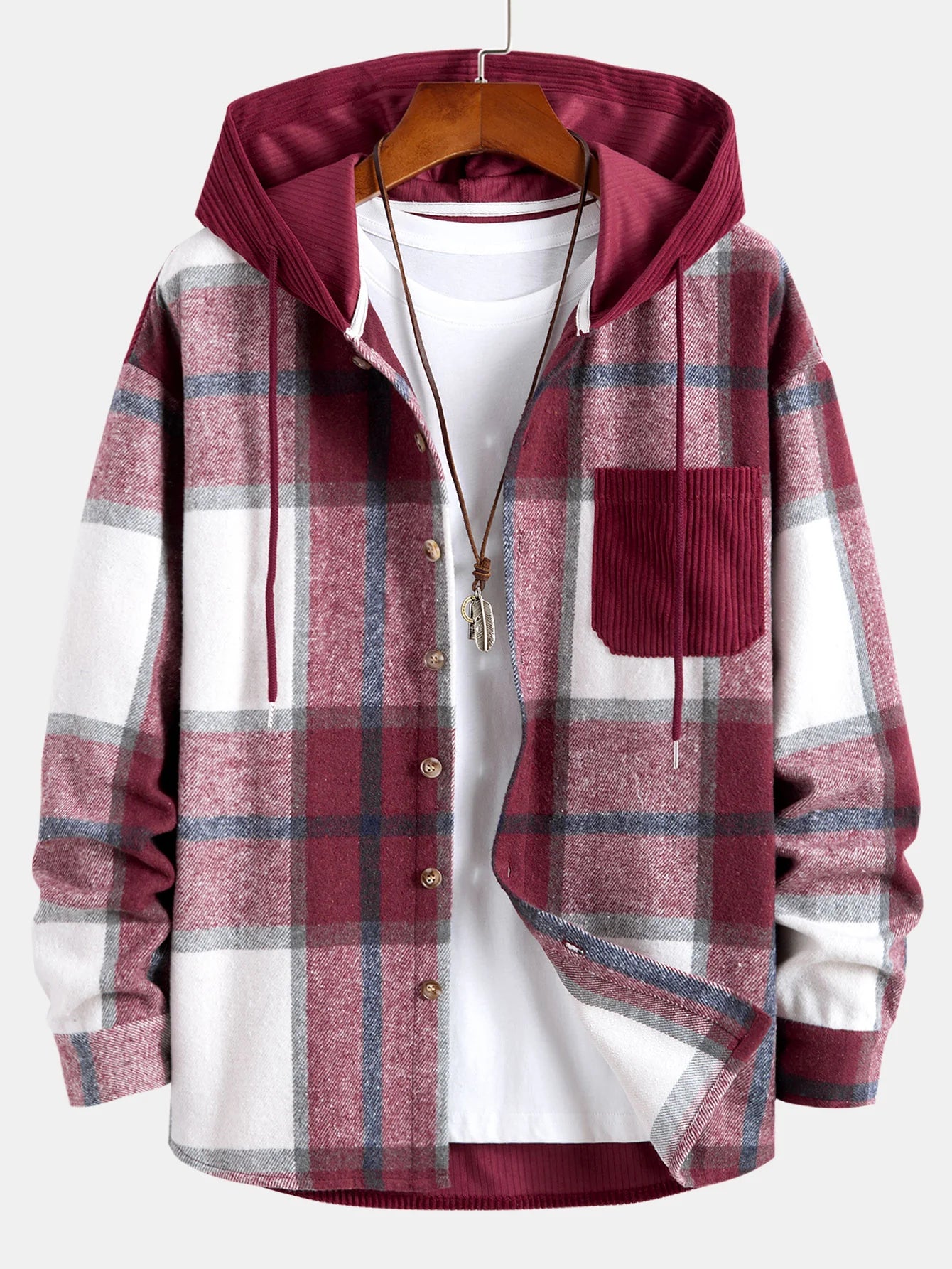 Plaid Corduroy Hooded Jacket