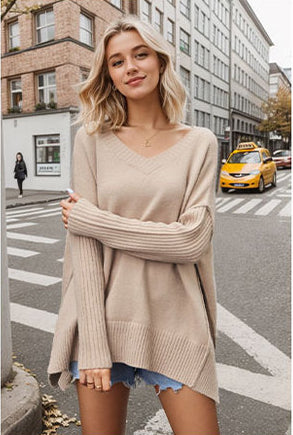 Loose V-Neck Long Sleeve Pullover Sweater