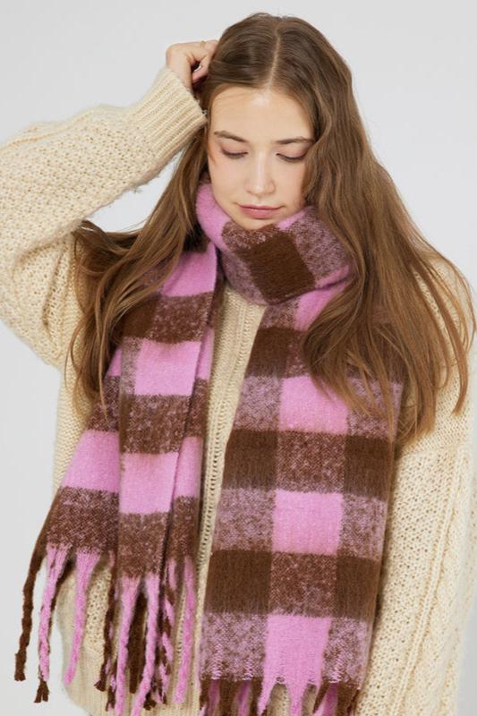 Multi Colored Plaid Long Tassel Scarf