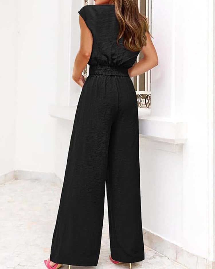 Solid Color V-Neck Sleeveless Crop Top and High Waist Wide Leg Pants