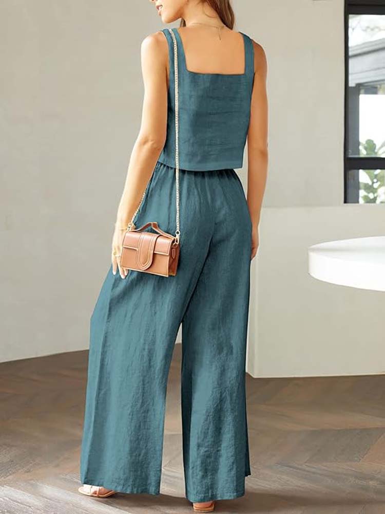 Square Neck Linen Tank Top and Loose Pants Set