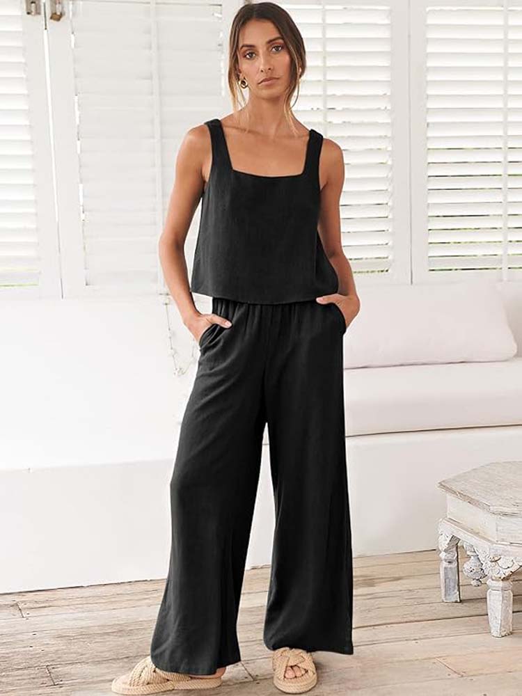 Square Neck Linen Tank Top and Loose Pants Set