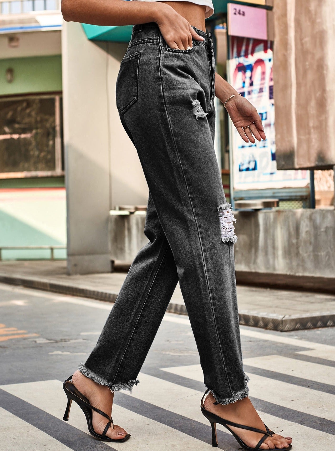 Knee Ripped Washed Classic Denim Pants