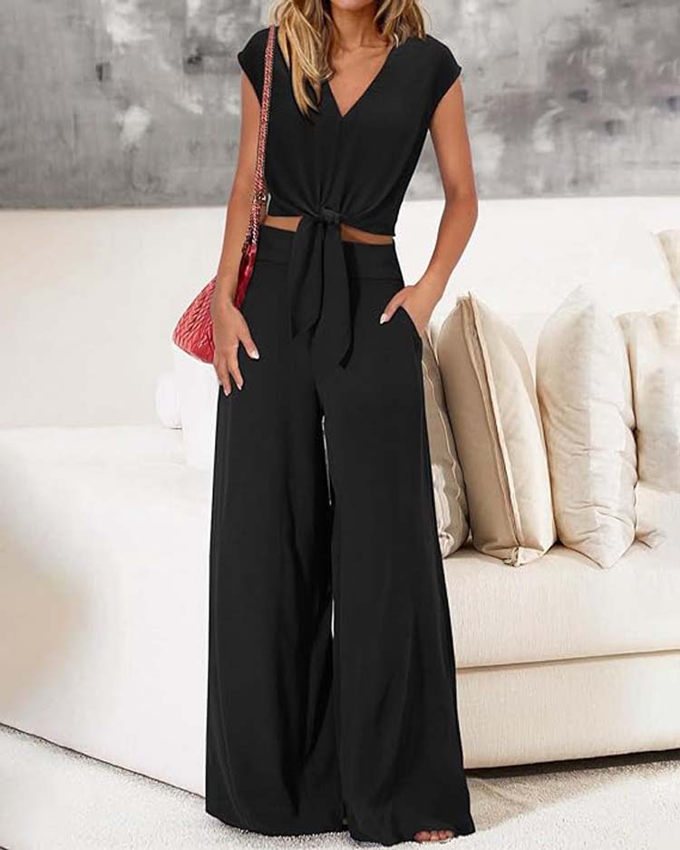 Solid Color V-Neck Sleeveless Crop Top and High Waist Wide Leg Pants