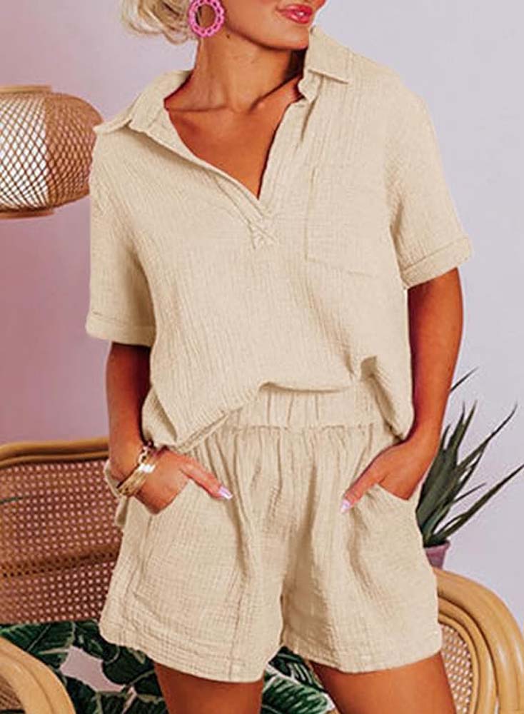 Casual 2 Piece V-Neck Collared Top and Shorts Set