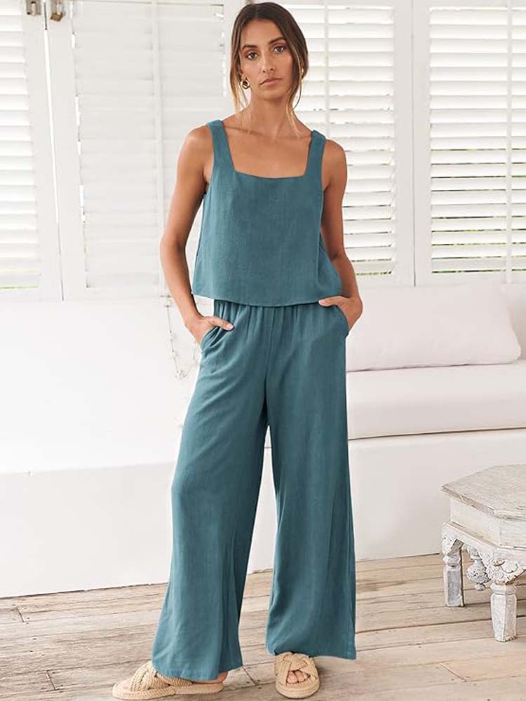 Square Neck Linen Tank Top and Loose Pants Set