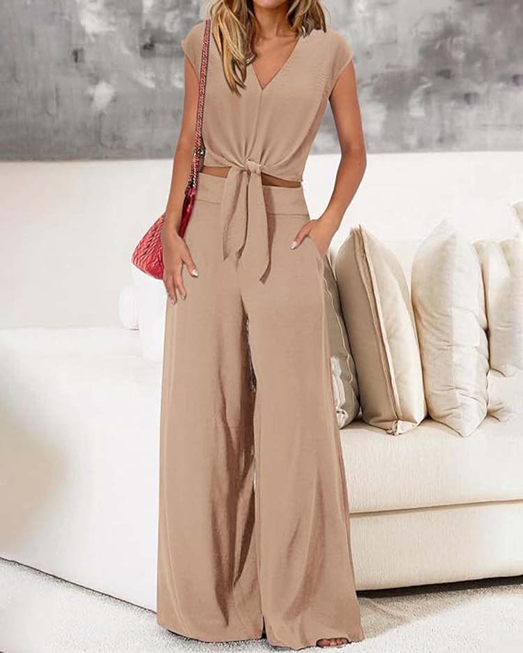 Solid Color V-Neck Sleeveless Crop Top and High Waist Wide Leg Pants