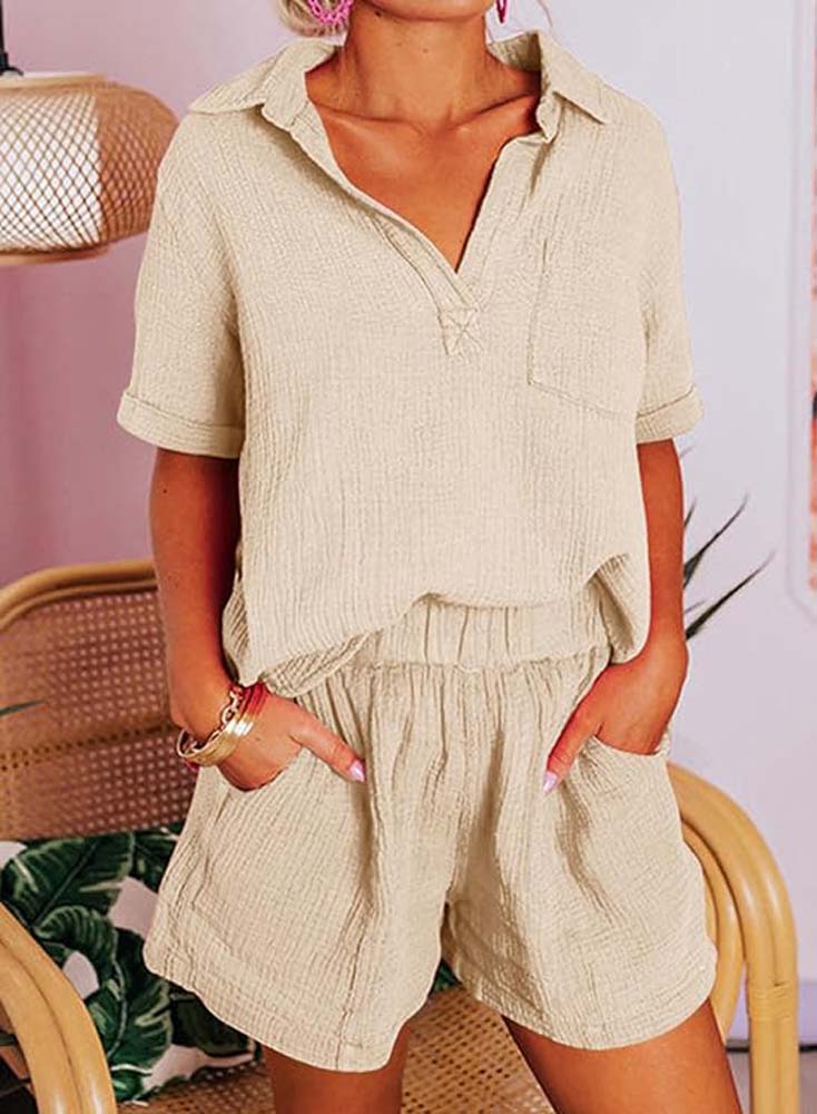 Casual 2 Piece V-Neck Collared Top and Shorts Set