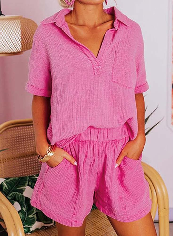 Casual 2 Piece V-Neck Collared Top and Shorts Set