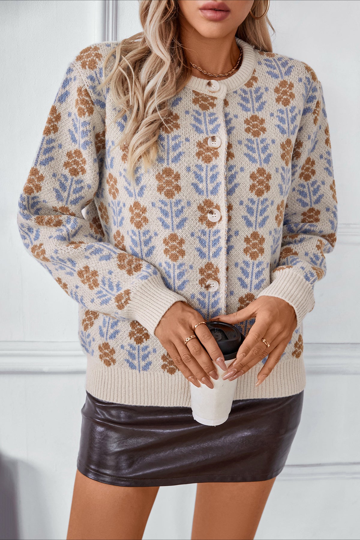 Long Sleeve Floral Buttoned Knitted Sweater